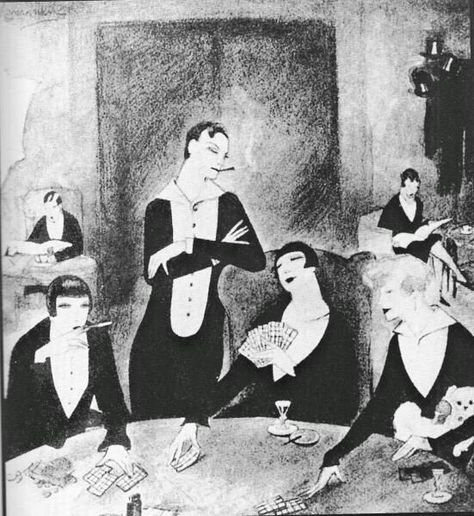 The “Monbijou” one of Berlin’s most exclusive lesbian clubs,  by Jeanne Mammen.   On the exclusive end of the spectrum, Ruth Röllig, described Club Monbijou West as accessible only by invitation of one of its six hundred members. The hostesses Mali and Igel greeted the clientele personally and enforced a "refined yet promiscuous" atmosphere. Marti Lybeck Jeanne Mammen, Weimar Berlin, Ludwig Meidner, Gottfried Helnwein, Neo Rauch, Hans Thoma, Berlin Club, Weimar Germany, New Objectivity