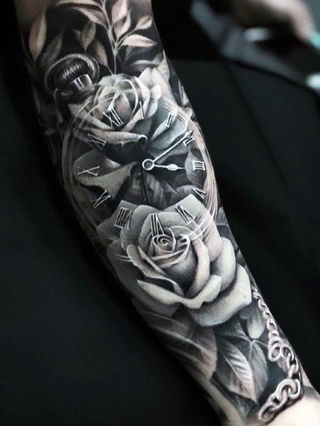 Badass Sleeve Tattoos, Tattoos Arm Mann, Clock Tattoo Sleeve, Clock And Rose Tattoo, Mangas Tattoo, Rose Tattoo Sleeve, Feminine Tattoo Sleeves, Rose Tattoos For Men, Clock Tattoo Design