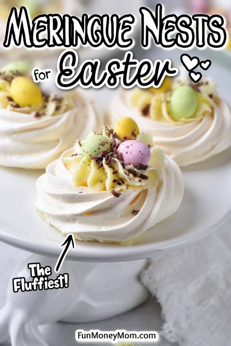 These Easter Meringue Nests are almost too pretty to eat but don't let that stop you. Light and airy and filled with sweetness, these adorable Easter cookies are delicious and fun and make the perfect Easter treat! Meringue Nests Filling, Easter Meringue Nests, Easter Meringue Ideas, Meringue Nests Recipe, Light Easter Dessert Recipes, Easter Meringue Cookies, Mini Egg Nests, Merange Cookies, Easter Pavlova