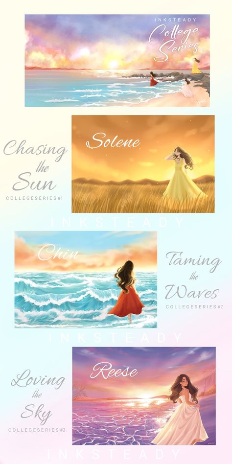 Chasing the Sun ( College Series #1) ☀🍃 Taming the Waves ( College series #2) 🌊✨ Loving the Sky ( College series #3) ☁🌸 College Series Wattpad Cover, Wattpad Aesthetic Quotes, Chasing The Sun Book, Loving The Sky Wattpad, Taming The Waves Wattpad, College Series Wattpad, Chasing The Sun Wattpad, Taming The Waves By Inksteady, College Series By Inksteady