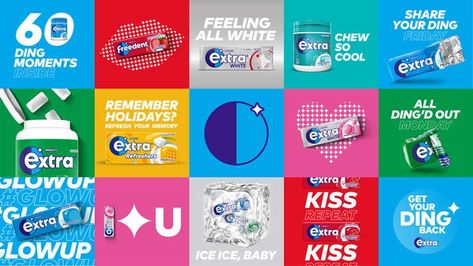 Wrigley’s Extra chewing gum has rebranded to move away from dental hygiene cues and instead focus on its variety of flavours. #rebranding #Extrachewinggum #Wrigleys Extra Chewing Gum, Gum Brands, White Friday, Instagram Branding Design, Master Brand, Pop Art Fashion, Instagram Grid, New Branding, Instagram Branding