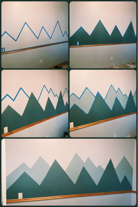 Playroom Painted Walls, Mountains On Wall, Paint Wall Designs, Baby Room Wall Painting, Bedroom Wall Mural Diy, Mountain Accent Wall, Mountain Themed Nursery, Kids Room Wall Paint, Diy Mountain Mural