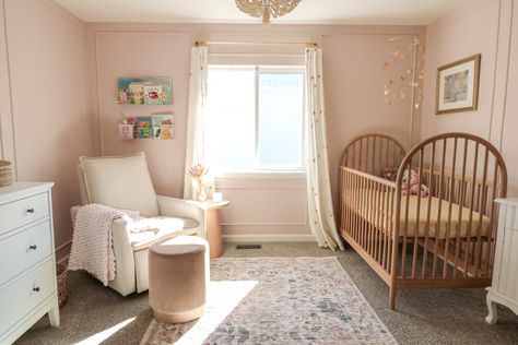 Baby girl pink and neutral nursery boucle glider arched wood crib greenguard gold nursery Natural Wood And Pink Nursery, Baby Girl Nursery Brown Crib, Dark Wood Crib Nursery Girl, Baby Girl Nursery 2024, Pink And Brown Nursery, Boucle Nursery, Pink Crib Nursery, Brown Crib Nursery Girl, Wood Crib Nursery