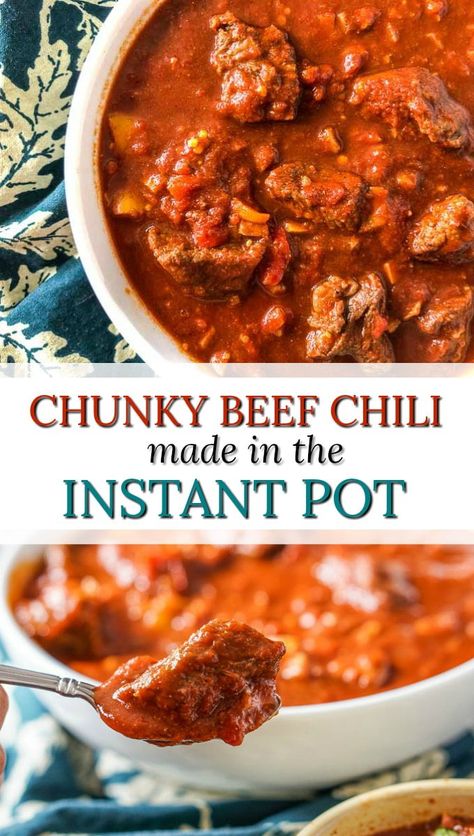 Instant Pot Beanless Chili, Beanless Chili Recipe Instant Pot, Chunky Beef Chili Recipe, Beef Stew Meat Chili, Chili With Stew Meat, No Meat Chili Recipe, Beanless Chili Recipe, Steak Chili Recipe, Stew Beef Chili