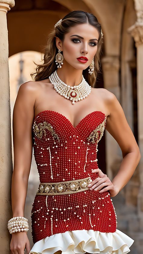 Red Belt Outfit, Opulent Aesthetic, Golden Belt, Bold Statement Jewelry, Red Strapless Dress, Layered Pearl Necklace, Best Winter Outfits, Bold Makeup, Red Belt