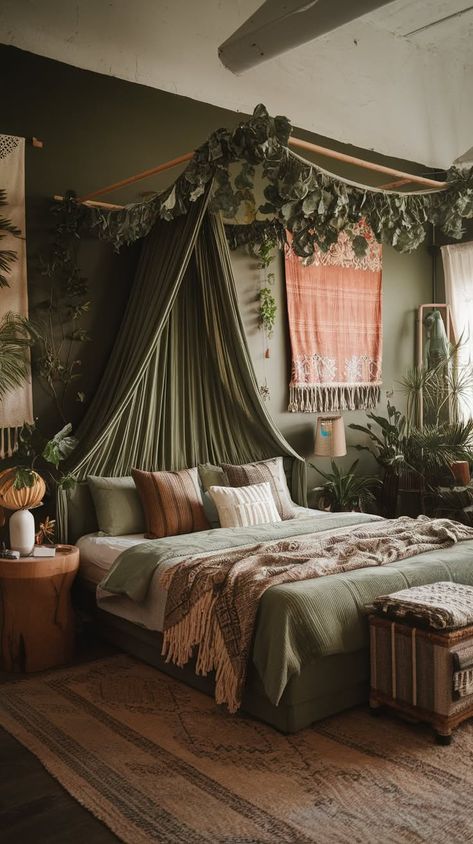 40+ Hunter Green Bedroom Ideas: Unwind in Style with These Viral Retreats Moody Canopy Bedroom, Aesthetic Master Bedrooms, Fantasy Bedroom Aesthetic Cozy, Celtic Bedroom Ideas, Crystal Inspired Bedroom, Palette Bed Aesthetic, Emerald Room Aesthetic, Green Witchy Bedroom, Dark Green Curtains Bedroom