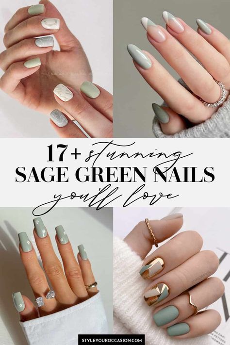 Love the sage green nails aesthetic? Check out this list of 17+ stunning sage nails and sage green nail designs. There's acrylic and natural nails, almond, coffin, square, and round. As well as shot, long, French tip, minimal, or unique design ideas with flowers, gold foil and more! Perfect nail ideas for for spring, summer, fall, or winter! Fall Sage Nails, Nails Sage Green And Gold, Sage Green With Gold Nails, Green And Nude Nail Designs, Sage Green And Rose Gold Nails, Fall Nails Sage Green, Trendy Minimalist Nails Almond, Sage Almond Nails, Sage Fall Nails