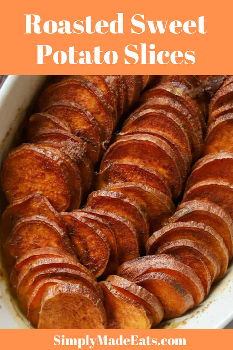 Slices of sweet potatoes in dish. Sweet Potato And Onion Bake, Chopped Baked Sweet Potatoes In The Oven, Hasselback Sweet Potato Recipes, Baked Sliced Sweet Potatoes, Baked Sweet Potato Slices In Oven, Sweet Potato Recipes Make Ahead, Roasted Sliced Sweet Potatoes, Baked Sweet Potatoes In Oven, Hassleback Sweet Potatoes In Oven