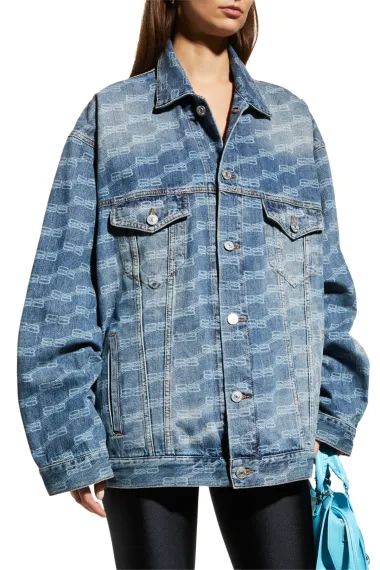 Balenciaga Neo Classic, Athletic Logo, Balenciaga Top, Balenciaga Clothing, Printed Denim Jacket, Print Denim, Oversized Denim Jacket, Designer Shorts, Printed Denim