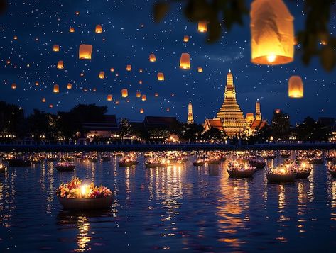 Thadingyut Festival Illustration, Loi Krathong Festival, Thailand Festival Of Lights, Loy Krathong Festival, Wat Arun Temple, Loy Krathong, Floating Lantern Festival Thailand, Wat Arun, Floating Lanterns