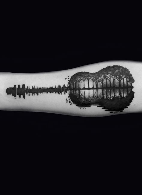 The sound of forest... Guitar tattoo Music Nature Tattoo, Guitar Tattoos, Musician Tattoo, Rhythm And Blue, Guitar Tattoo Design, Island Tattoo, Sunset Tattoos, Guitar Tattoo, Music Tattoo Designs