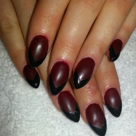 Matte red with a shiny black french shellac on stiletto nails.  Instagram @boop711 Maroon Nails With Black Tips, Dark Maroon French Tip Nails, Maroon Black And Silver Nails, Deep Red And Black Nails, Dark Cherry Red Nails French Tip Almond, Black And Red French Tip Nails, French Shellac, Black French Tip, Dark Red Nails