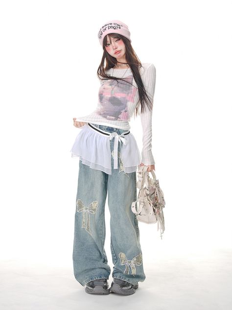 Skirt Over Flared Pants, Lace Y2k Outfit, What To Pair With Jeans, New Jeans Style Outfits Kpop, Skirt On Jeans, Y2k Dress Over Jeans, Jeans And Denim Outfit, Kpop Jeans Outfit, Pants And Skirt Outfit