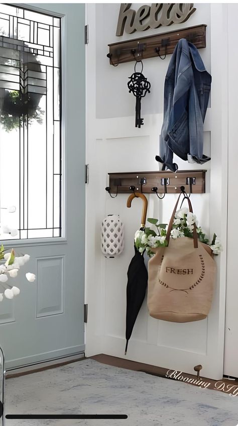 Behind Door Coat Hooks, Hooks Behind Front Door, Coat Hanger Entrance, High Ceiling Entry Way Wall Decor, Coat Rack Behind Front Door, Entrance Coat Hanger Ideas, Behind Door Entryway, Tiny Entrance Hall Ideas, Coat Hanger Ideas Front Entry