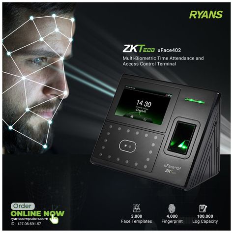 ZKTeco uFace402 Multi-Biometric Time Attendance and Access Control Terminal ✅ Automatic Status Switch ✅ Self-Service Query ✅ 9 Digit User ID ✅ Scheduled Bell ✅ Supports up to 3,000 face templates 🛡 View Details: https://ryans.id/zkteco-uface402 Price Tk 22,000 Face Template, Access Control System, Cabinet Decor, Self Service, Office Equipment, Access Control, Creative Ads, Control System, Social Media Design