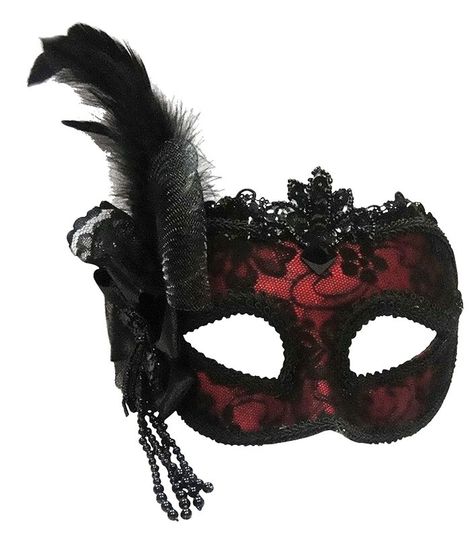 Red with black lace and feather mask Burlesque Mask, Mad Hatter Fancy Dress, Elegant Costumes, Red Mask Masquerade, Masquarade Mask, Red Masquerade Mask, Masquerade Ideas, Masquerade Halloween Costumes, Masquerade Ball Masks