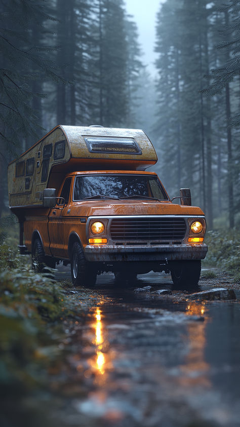 A vintage orange truck with a camper shell parked in a forest. The truck bed is set up for camping with a mattress and other gear. Truck Camping Setup, Truck Camper Interior, Truck Bed Mattress, Pickup Truck Camper, Camping Truck, Pickup Trucks Camping, Camping Setup, Camper Truck, Truck Bed Camping