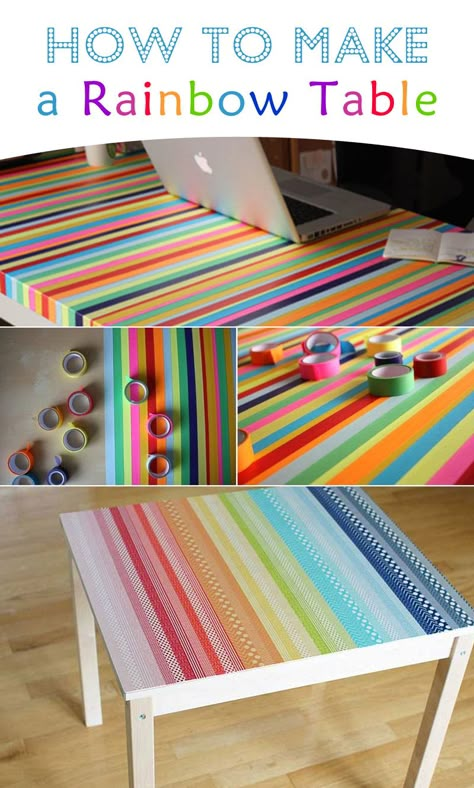 Make a rainbow table with strips of colorful tape! This awesome idea easily transforms an old piece of furniture or a kid’s play table into a rainbow kaleidoscope of color! Washi tape creates a original design perfect for a child’s room or to brighten up an office. You can transform your furniture with just a few easy steps and minimal materials! Learn how to make a rainbow table. Rainbow Table, Make A Rainbow, Diy Hanging Shelves, Garage Door Makeover, Rainbow Room, Diy Wall Shelves, Mason Jar Diy, Hanging Shelves, Diy Home Decor Projects