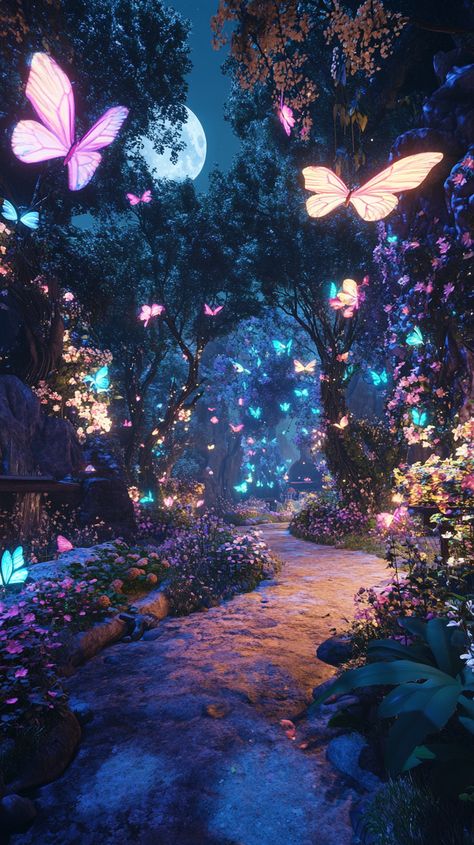 A dreamlike garden where trees grow upside down, blooming with neon flowers, while glowing butterflies dance under a swirling moonlit sky. Moonlit Garden, Butterfly Projector Background, Glowing Butterflies, Glow In The Dark Butterfly, Mystic Butterfly, Glowing Butterfly Aesthetic, Moonlit Sky, Neon Flowers, Pretty Phone Wallpaper