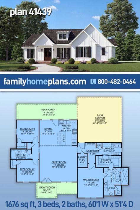 1700 Sq Ft House Plans, Craftsman Farmhouse, House Plans One Story, Beach Bungalow, Country Craftsman, Building Plans House, Garage House Plans, Farmhouse Style House Plans, Bungalow House Plans