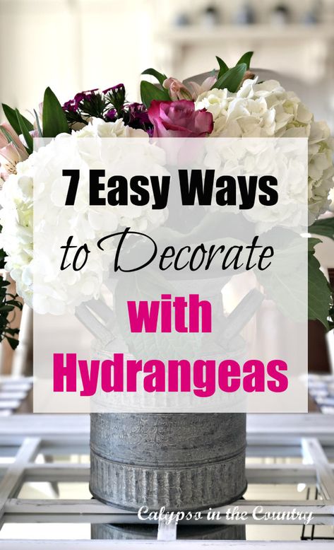 Seven Easy Ways to Decorate with Hydrangeas in the home.  Includes simple flower arrangements, centerpieces, fireplace mantel and more.  Hydrangeas are such versatile flowers and perfect for home decor!  #hydrangeas #decoratingwithhydrangeas #hydrangeasindecor #whitehydrangeas Flower Arrangements With Hydrangeas And Roses, Hydrangea Arrangements Farmhouse, Table Decor With Hydrangeas, Arrangement With Hydrangea, Centerpiece With Hydrangea, How To Display Dried Hydrangeas, Hydrangeas Arrangements Centerpieces, Hydrangea Floral Arrangements Vases, Fresh Hydrangea Arrangements