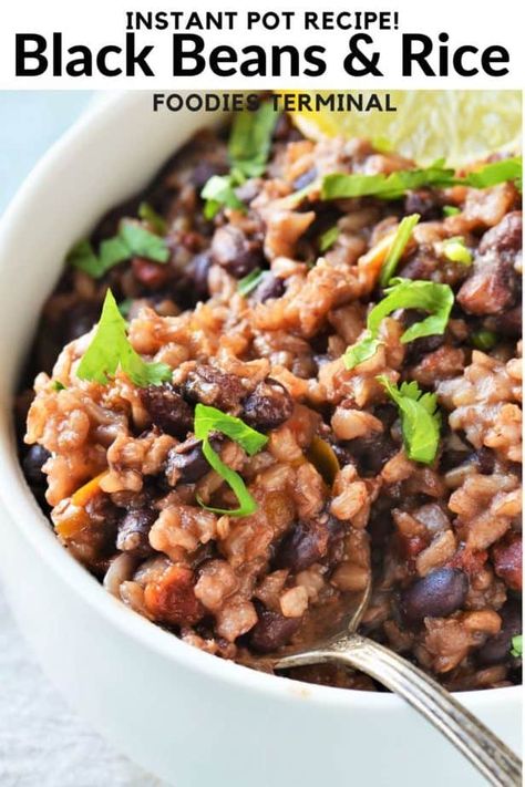 Try this delicious Instant Pot Black Beans and Rice with dry no soak black beans, brown basmati rice. So good in Burritos. #instantpotblackbeansandrice #instantpotblackbeansandbrownrice #blackbeansandrice #riceandblackbeansinstantpot #beansandbrownrice #instantpotbrownriceandbeans #blackbeans #brownbasmatirice #foodiesterminal Beans And Rice Recipes Instant Pot, Black Beans And Rice Recipe Instant Pot, Instapot Black Beans And Rice Recipe, Black Beans And Rice Instant Pot, Instant Pot Black Beans No Soak, Instant Pot Beans And Rice, Soak Black Beans, Dry Black Beans, Beans Rice Recipe