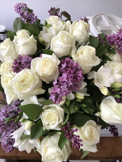 Lilacs And Roses, Purple White Flower Arrangements, White Roses With Purple Accents, Lavender Flower Centerpieces, Purple And White Roses, White Freesia, Roses And Violets, Bunches Of Flowers, Lilac Bouquet