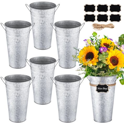 PRICES MAY VARY. 💐【Enhance Your Home Decor】You will receive a set of 6 flower buckets, (12inch ) all aimed at enhancing the charm of your living space. They allow you to adorn your home with blooms, artificial flowers, wheat stalks, reeds, or dried hay, infusing a touch of rustic elegance 🎉【Built to Last】Crafted from iron and finished with galvanized coating, our flower buckets are sturdy and built to last. Resistant to rust and corrosion, they maintain their integrity even with prolonged use. Galvanized Flower Buckets, French Flower Bucket, Farmhouse Vase, Tin Flowers, Table Centerpiece Decorations, Rustic Vase, French Flowers, Flower Bar, Flower Bucket