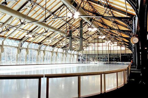 The truss-roofed train shed of an 1899 railway station designed by Charles Sumner Frost now houses an indoor ice rink. Floor-to-ceiling window walls fill the space with light and allow skaters to admire the Minneapolis skyline. The historic Milwaukee Road Depot complex, now known simply as the Depot, also includes hotels, a restaurant, a bar, and an indoor water park. Minneapolis Skyline, Ice Skating Rink, Milwaukee Road, Indoor Waterpark, Skating Rink, Ice Rink, Zooey Deschanel, Roller Skating, Hockey Rink