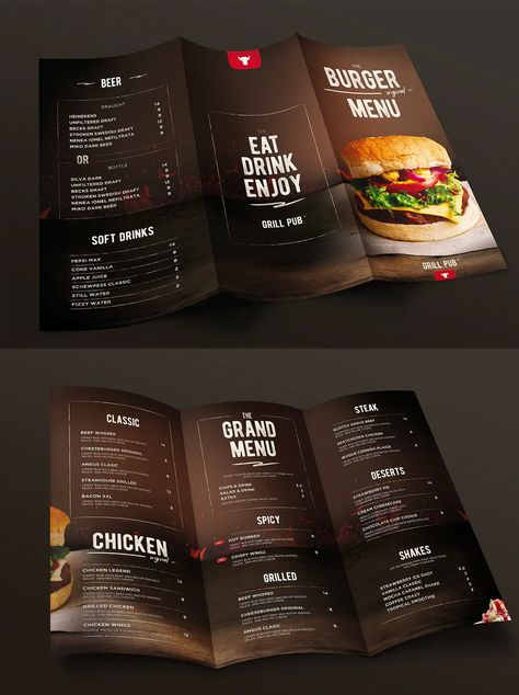 Burger Menu Trifold Brochure Template PSD Burger Pictures, Beer Menu Design, Menu Trifold, Restaurant Grill, Burger Place, Menu Burger, Beer Burger, Restaurant Brochures, Beer Drinks