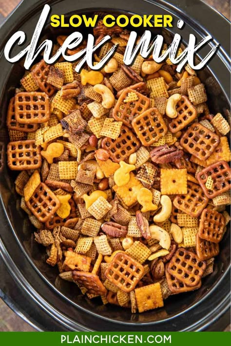 Slow Cooker Chex Mix - the ultimate party snack mix! Salty, crunchy, savory and so dang addicting! Chex cereal, goldfish crackers, Cheez-It's, pretzels, pecans, cashews, and peanuts tossed in butter, Worcestershire sauce, seasoned salt, garlic powder, onion powder, and onion salt. This is great for snacking, holiday parties, and homemade holiday gifts. The mix will keep for about a week in an air-tight container. SO easy to make & a crowd favorite. #chex #snack #slowcooker #crockpot Chex Snacks, Chex Mix Crock Pot, Engagement Food, Crockpot Snacks, Principal Office, Party Mix Snacks, Homemade Chex Mix, Chex Mix Recipes, Easy Apps