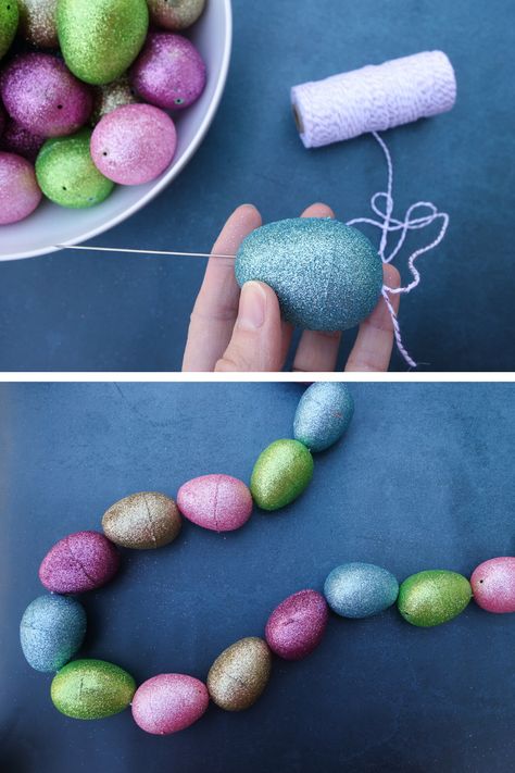 Easter Garland Diy, Fun Easter Decorations, Easter Egg Garland, Easter Egg Tree, Easter Garland, Plastic Easter Eggs, Easter Tree Decorations, Easter Egg Crafts, Easter Decorations Dollar Store