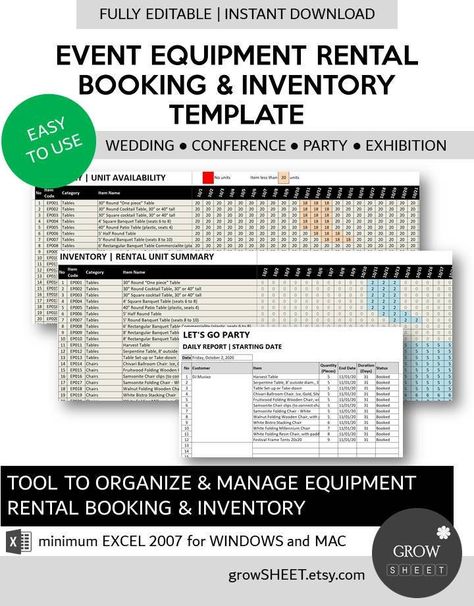 Wedding - Party - Ceremony Event Rental Business Booking and Inventory Management Template is an Excel spreadsheet to record, track and manage your equipment rental business. Wedding is the most common event where almost all equipment in the event are rented from rental companies. Common rental equipment are : - Cooking tool or catering set - Tents, tables and chairs - Landscaping - Decoration, sound system and lighting - Costumes - Furniture Birthday parties or ceremony events also require some Inventory Management Templates, Event Venue Business, Party Rental Ideas, Event Rental Business, Party Rentals Business, Event Space Rental, Inventory Template, Rental Business, Furniture Rental