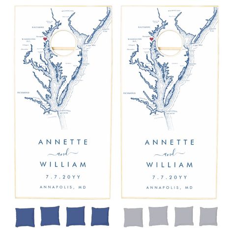 Chesapeake Bay Wedding, Wedding Cornhole Boards, Wedding Cornhole, Map Wedding Invitation, Wedding Reception Guest, Annapolis Wedding, Virginia Beach Wedding, Blue Map, Enchanted Wedding