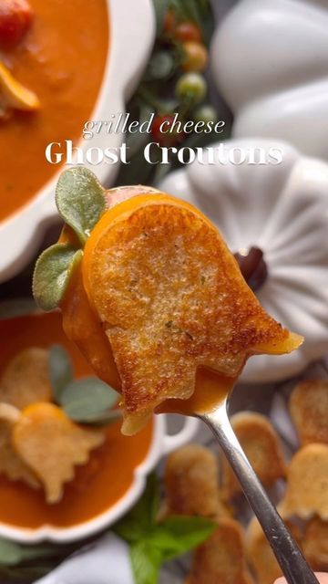 Madison Vegan on Instagram: "🍂 Soup season is officially here! 🥣 And what better way to make it extra cozy and fun than with Grilled Cheese Ghost Croutons? 🧀👻 Instead of the usual sandwich dip, try these crispy, spooky croutons in your favorite soup—perfect for a Halloween twist on classic comfort food! They pair especially well with a rich tomato soup. 

Don’t forget to SAVE this idea for later! Warm, toasty, and ghostly good!

If you want the link to this Ghost Cookie Cutter comment GHOSTS and I’ll send it over 👻 

Ingredients
*1 tbsp butter, room temperature (garlic herb butter for extra flavor) 
*2 slices of bread 
*1 slice of cheese (or your favorite grated cheese) 

Instructions
1. Prepare your grilled cheese sandwich. Roll it out flat to help it stay together.  Use a ghost-shap Halloween Garlic Bread, Grilled Cheese And Soup, Sandwich Dip, Slice Of Cheese, Garlic Herb Butter, Ghost Cookies, Spooky Night, Soup Season, Cheese Sandwich