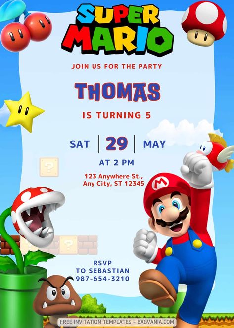 Download FREE Super Mario Bros. Birthday Invitation Templates #free #freeinvitation2019 #birthday #disney #invitations #invitationtemplates Super Mario Template, Mario Party Invitations Free, Super Mario Party Invitations Free, Super Mario Bros Invitations, Mario Invitations Printable Free, Mario Birthday Party Invitations, Super Mario Birthday Theme, Super Mario Birthday Invitations Free, Mario Birthday Invite