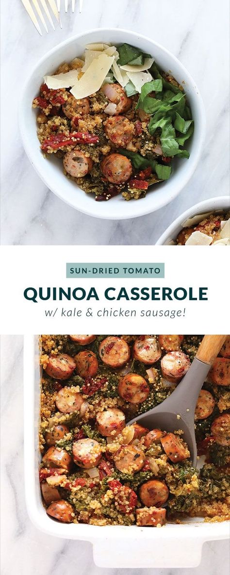 Italian Chicken Sausage Quinoa Casserole - Fit Foodie Finds Italian Sausage And Quinoa Recipes, Quinoa Sausage Recipes, Healthy Chicken Sausage Recipes, Italian Chicken Sausage Recipes, Chicken Sausage Dinner Ideas, Popular Casserole Recipes, Chicken Sausage Salad, Chicken Sausage Dinner, Chicken Sausage Recipes Healthy