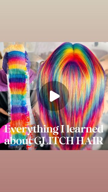 581K views · 6.5K likes | Sydney Lopez 🌈 Rainbow Hair Edu 🌈 Social Stagies on Instagram: "The most comprehensive how-to video you’ll be able to save on “Glitch Hair” #glitchhair #goodhairdaybysydlopez   ⚡️start with a backdrop (a more solid perimeter section that will act as a backdrop to the glitch hair that you’ve created through the crown)   ⚡️ warn your client that their hair will be in front of their face for several hours… Then get to work!  ⚡️ work in a rainbow order. Take 1/8 inch slices through the glitch section and paint two sections the same, the. start each following section with the next color in the rainbow…   🌈 brought to you by Goldwell Elumen Play… blended by hand and custom mixed   ⚡️use @qualitytouchfoil balayage films (which can be torn at the desired length) to cre Glitch Hair, Elumen Hair Color, Color Formulations, Goldwell Elumen, Ice Cold Water, The Glitch, Rainbow Order, Rainbow Hair Color, Creative Colour