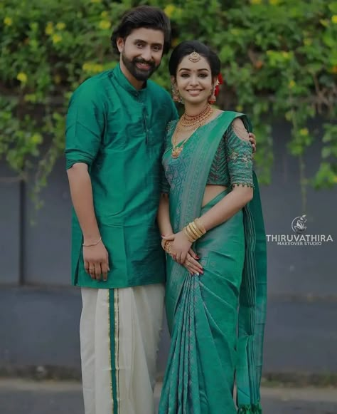 Bride And Groom Dress Combination Indian Engagement, Engagement Photos Outfits Indian Saree, Pattu Veshti And Shirt Groom, Groom Outfit For Engagement, Kerala Wedding Saree Blouse Designs, Couple Saree And Kurta, Couple Traditional Outfits Indian, South Indian Engagement Look, Kerala Engagement Dress Hindus Couple