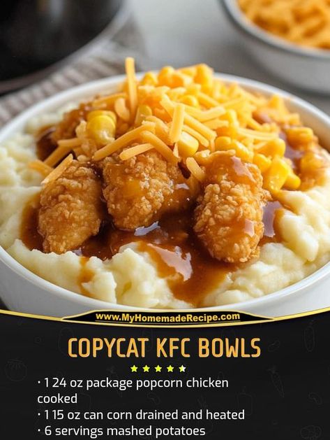 Daily Easy Recipes | Whipped up these Copycat KFC Bowls, and they were a huge success | Facebook Kfc Bowls, Kfc Famous Bowl, Copycat Kfc, Potatoes Crispy, Chicken Mashed Potatoes, Kfc Chicken, Beef Gravy, Popcorn Chicken, Canned Corn