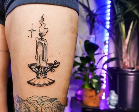 Cute Candle Tattoo, Magic Candle Art, Witch Candle Tattoo, Black Candle Tattoo, Candle Flash Tattoo, You Are Magic Tattoo, Candle Stick Tattoo Design, Witchy Candle Tattoo, Calendula Flower Tattoo