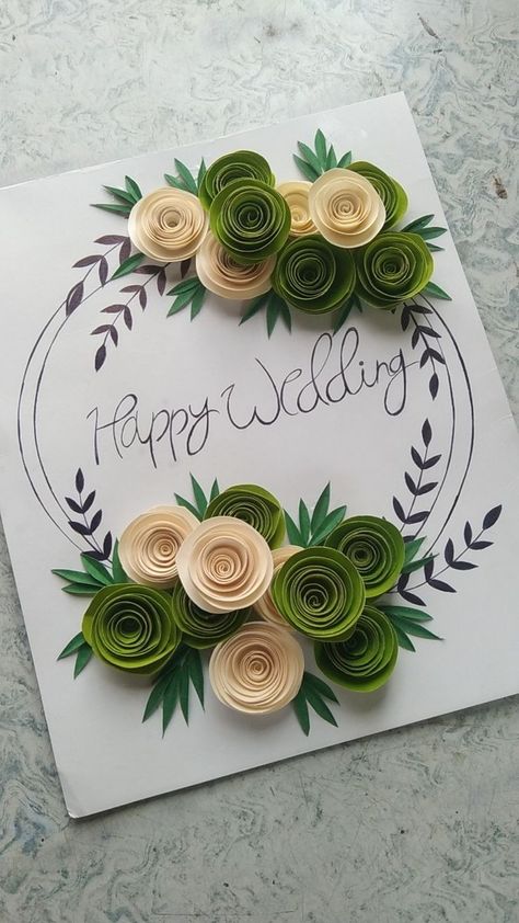 Easy Handmade Cards Ideas, Wedding Greeting Cards Handmade, Quilling Wedding Cards, Handmade Cards Ideas Creative Design, Greeting Cards Handmade Creative Design, Easy Paper Quilling Ideas, Paper Flower Projects, Quilled Roses, Diy Quilling Crafts