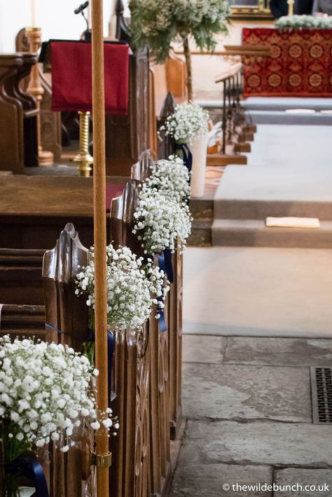 Church aisle flowers at North Cadbury Court Church. Simple sprigs of Gypsophila tied to the pew ends with blue ribbon. A Wilde Bunch Design Church Aisle Flowers, Church Pew Flowers, Outdoor Ceremony Aisle, Church Wedding Decorations Aisle, Wedding Church Aisle, Church Aisle, Pew Decorations, Church Wedding Flowers, Pew Ends