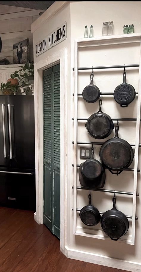 Pan Hanger Kitchen, Cast Iron Storage Ideas Small Spaces, Wall Pan Storage, Pot And Pan Wall Storage, Cast Iron Wall Display Ideas, Hanging Pans In Kitchen Small Spaces, Cast Iron Pan Storage, Pot Rack Hanging Over Island, Cast Iron Hanging On Wall