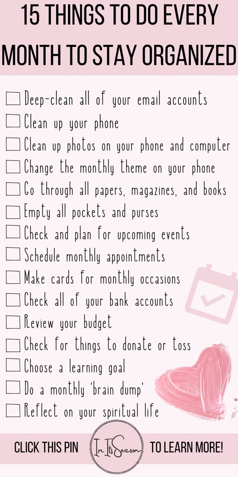 Lists To Stay Organized, Once A Month Self Care, Self Organization Ideas, How To Organize Your Life Planners, How To Organize Yourself, Sort My Life Out, How To Be Organised, Things To Do Once A Month, Monthly Planning Routine