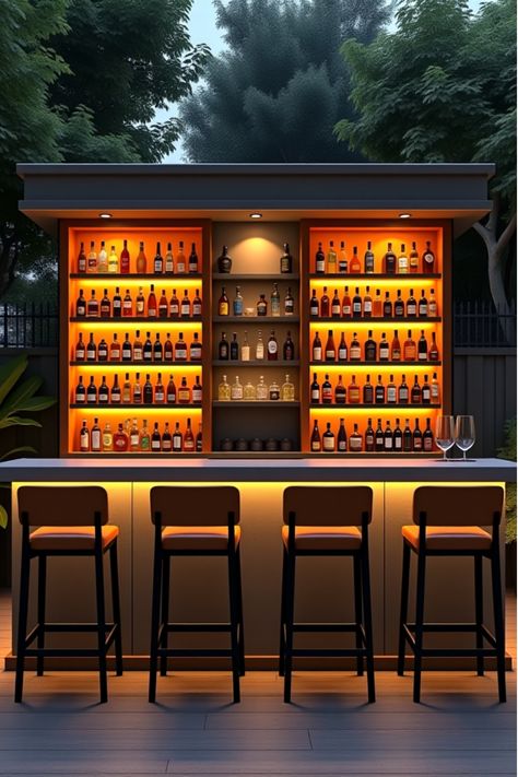 Elegant outdoor bar with concrete countertop and illuminated shelves Small Outdoor Bar, Outdoor Bar Design, Angled Bedroom, Backyard Entertainment, Outdoor Kitchen Design Ideas, Bar Design Ideas, Outdoor Projector, Sky Bar, Happy Kitchen