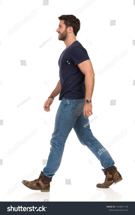 Man is walking in jeans and blue t-shirt, looking away and smiling. Side view. Full length studio shot isolated on white. #Ad , #AD, #shirt#smiling#Side#blue Male Pose Reference Walking, Walking From Side Reference, Walking Side Profile Reference, Men Side View Reference, Walking Side Profile Drawing, Side Walking Reference, Walking Profile Reference, Male Walking Pose Reference, Side View Full Body Drawing Reference