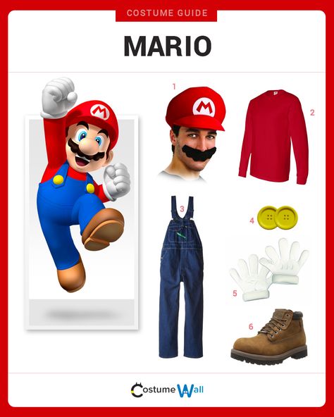 Dress Like Mario from the popular video game, Super Mario Bros. See additional costumes and cosplays of Mario and his Brother, Luigi. Mario Character Costumes, Mario Costume Diy, Mario Outfit, Super Mario Bros Costumes, Luigi Halloween Costume, Mario Bros Costume, Mario Dress, Mario Halloween Costumes, Super Mario Costumes