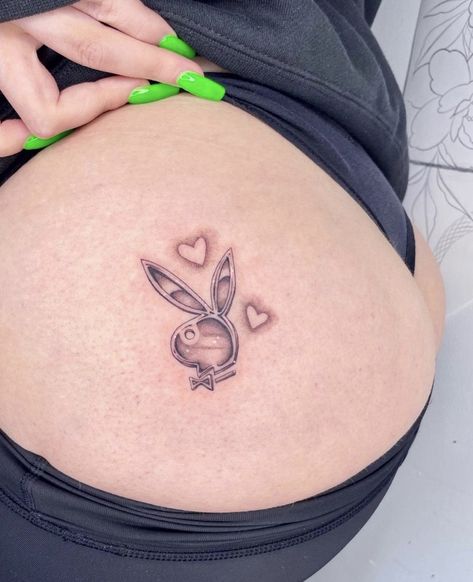 Playboy Bunny Tattoo, Bunny Tattoo, Playboy Tattoo, Woman Tattoo, Pelvic Tattoos, Hip Tattoos Women, Peach Tattoo, Pretty Tattoos For Women, Bum Tattoo