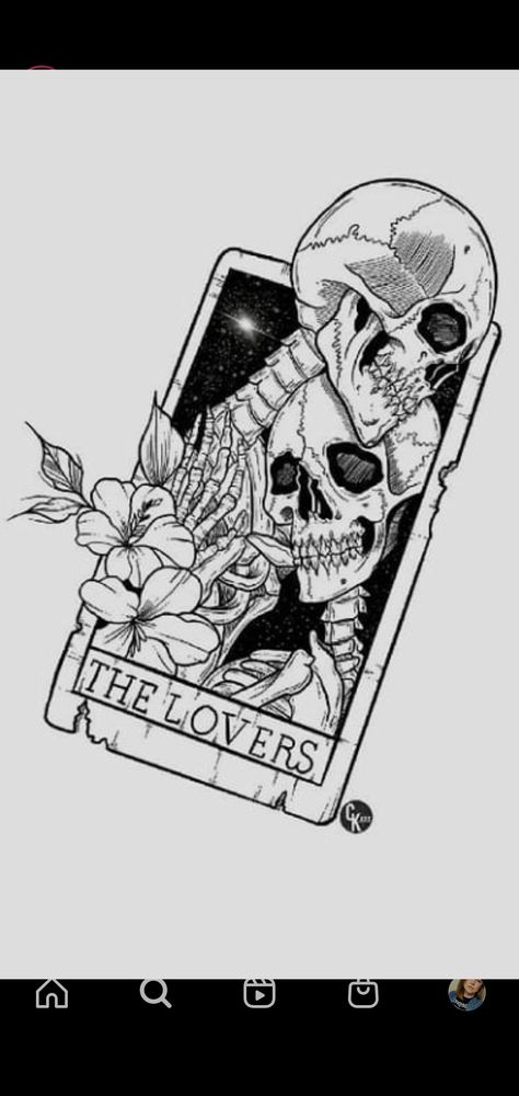 The Lovers Tattoo Stencil, Skull Couple Tattoo Love, Skull Lovers Tattoos, Cat Skull Tattoo Design, Tarot Card Sketch, Couple Tattoo Love, Skeleton Lovers Tattoo, The Lovers Tattoo Design, The Lovers Tarot Card Tattoo